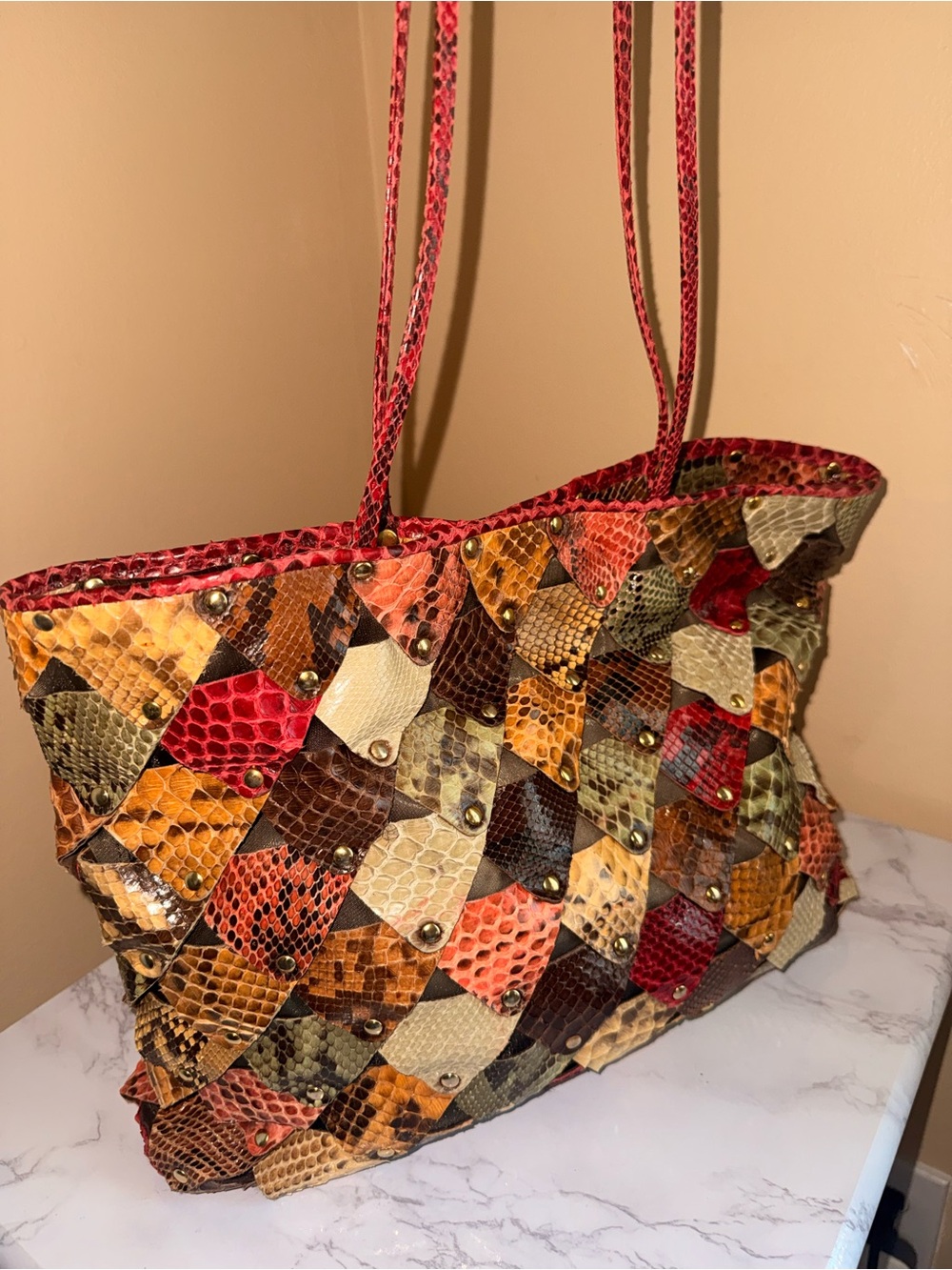 Patchwork Snake-Effect Tote in Red, Brown & Tan